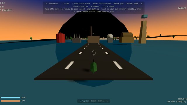 Sonnet's 3D Apricots reimagining — low-poly plane on a runway at golden hour